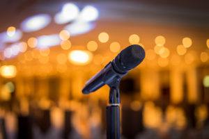 Wireless Microphone Stand On The Stage Venue With Blur Bokeh Bac
