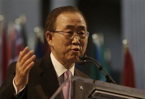 U.N. Secretary General Ban Ki-moon speaks at a different gathering--a ceremony for the 70th anniversary of the United Nations in San Francisco, Friday, June 26, 2015. (AP Photo/Jeff Chiu)