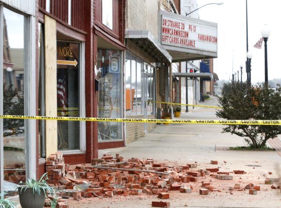 Damage in Cushing, Okla., is seen on Monday, Nov. 7, 2016, caused by Sunday night's 5.0 magnitude earthquake. Dozens of buildings sustained "substantial damage" after a 5.0 magnitude earthquake struck Cushing, home to one of the world's key oil hubs, but officials said Monday that no damage has been reported at the oil terminal. (Jim Beckel The Oklahoman via AP)