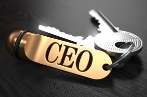 CEO - Chief Executive Officer - Bunch of Keys with Text on Golden Keychain. Black Wooden Background. Closeup View with Selective Focus. 3D Illustration.