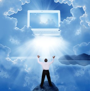 Cloud computing concept. Businessman in prayer