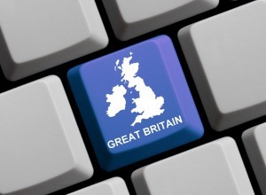 Outline of Great Britain on a blue computer Keyboard