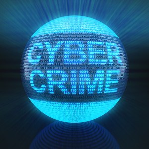 Cyber crime word on globe formed by binary code, 3d render