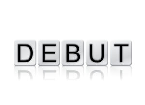 The word "Debut" written in tile letters isolated on a white background.