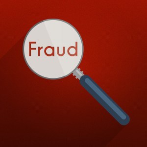 Concept of searching for evidence and clues for infringement fraud or tax evasion. Flat design illustration with red background magnifier and single word 'fraud'.