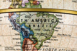 Close-up of Brazil in the colorful world map. ** Note: Shallow depth of field