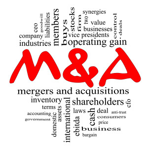 M & A (mergers And Acquisitions) Word Cloud Concept In Red & Bla
