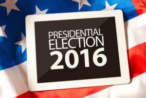 Presidential Election 2016 on tablet and the US flag