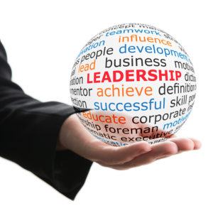 Concept of leadership. Transparent ball with inscription leadership in a hand