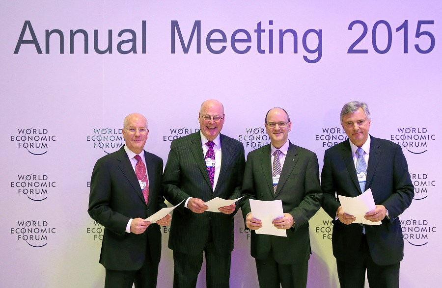 Industry heavyweights announced the MVI collaboration during the World Economic Forum's annual gathering at Davos Switzerland in January. Pictured here are: Daniel S. Glaser, President and CEO of Marsh & McLennan Companies; Robert S. Miller, Non-Executive Chair of the Board of American International Group, Inc., Michael Kerner, CEO General Insurance at Zurich Insurance Group and Alexander S. Moczarski, President and CEO of Guy Carpenter & Company and Chair of Marsh & McLennan International. WORLD ECONOMIC FORUM/swiss-image.ch/Photo Moritz Hager